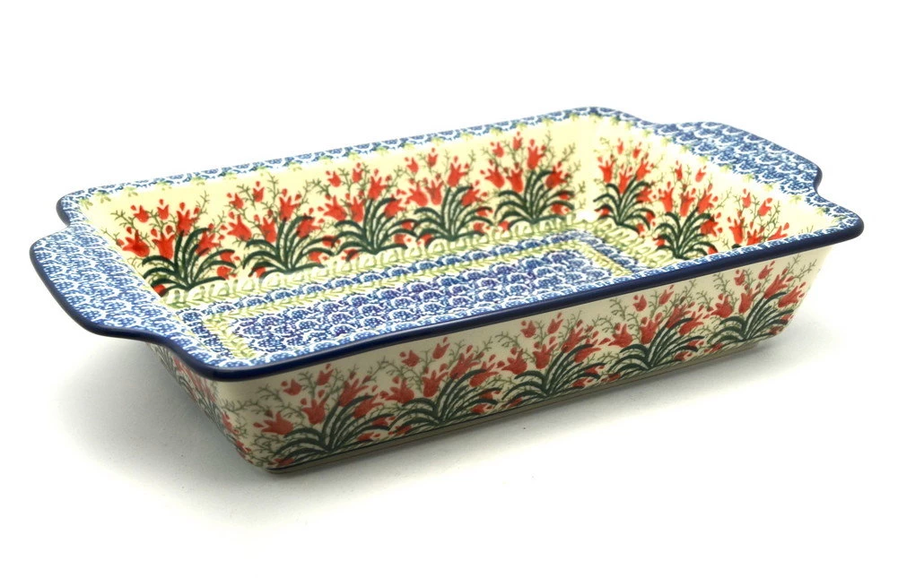 Polish Pottery Baker - Rectangular With Tab Handles - 7 Cups - Crimson Bells
