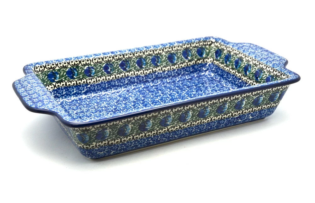 Polish Pottery Baker - Rectangular With Tab Handles - 7 Cups - Peacock Feather