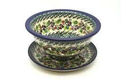 Polish Pottery Berry Bowl With Saucer - Burgundy Berry Green