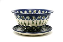 Polish Pottery Berry Bowl With Saucer - Peacock