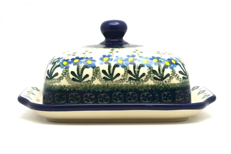 Polish Pottery Butter Dish - Blue Spring Daisy