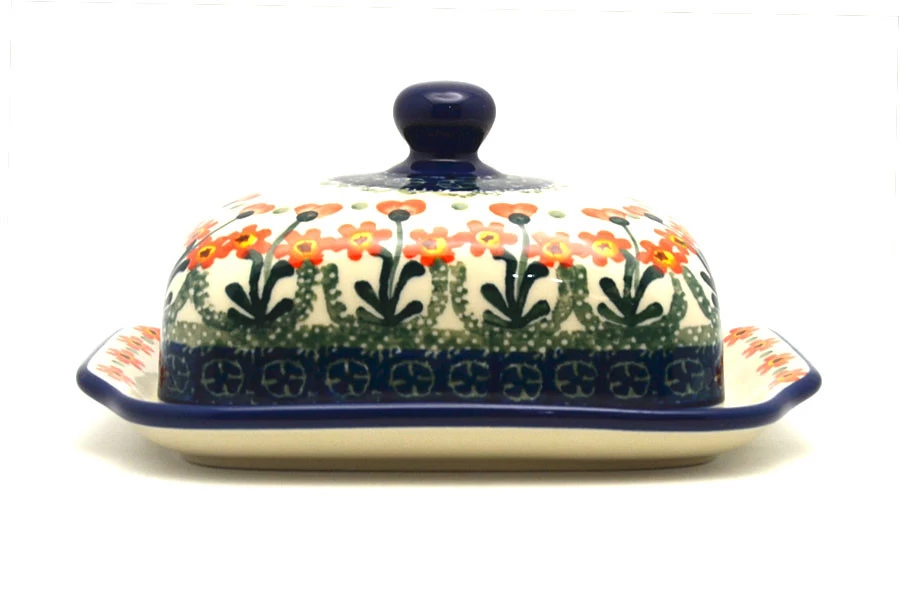 Polish Pottery Butter Dish - Peach Spring Daisy