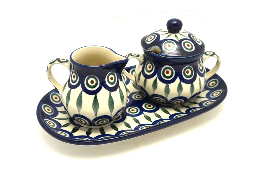 Polish Pottery Cream & Sugar Set - Peacock