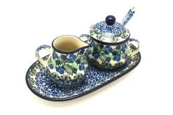 Polish Pottery Cream & Sugar Set With Sugar Spoon - Huckleberry