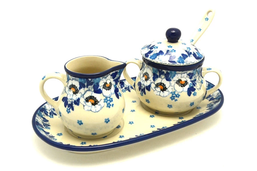 Polish Pottery Cream & Sugar Set With Sugar Spoon - White Poppy