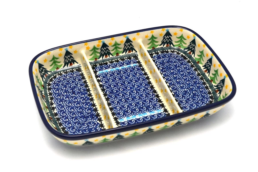 Polish Pottery Dish - Divided Rectangular - Christmas Trees