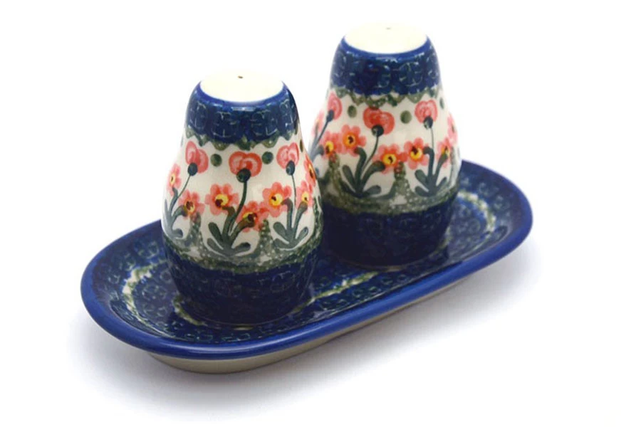 Polish Pottery Salt & Pepper Set - Peach Spring Daisy